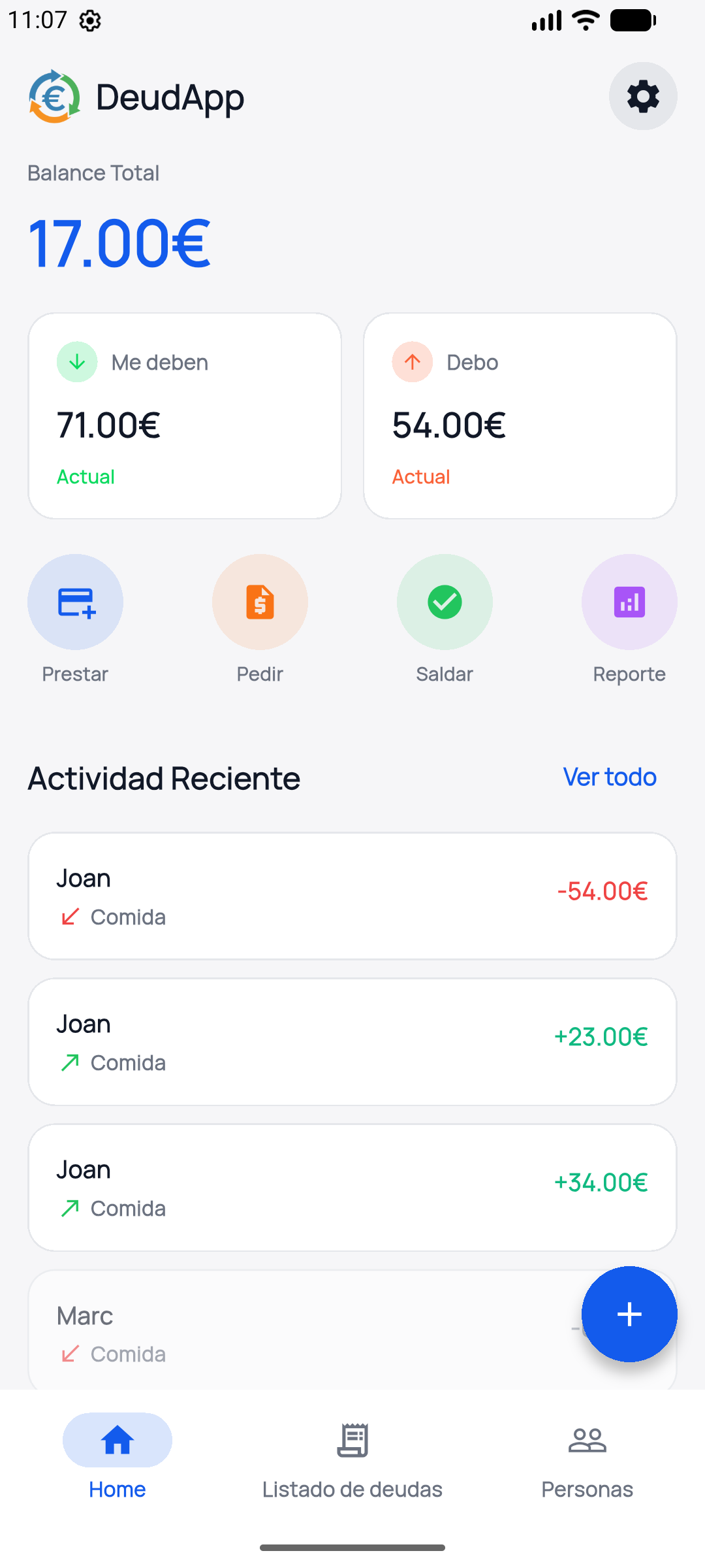 Pantalla principal de DeudApp