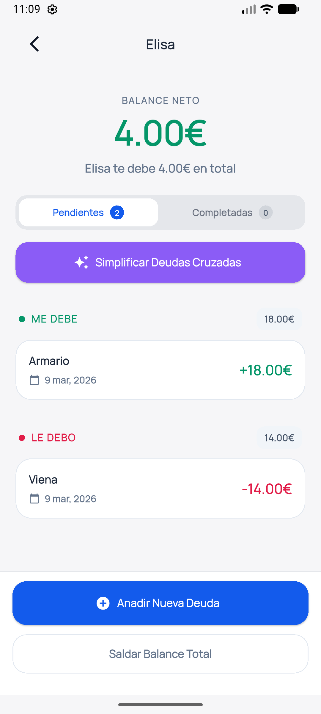 Pantalla de detalle o historial en DeudApp